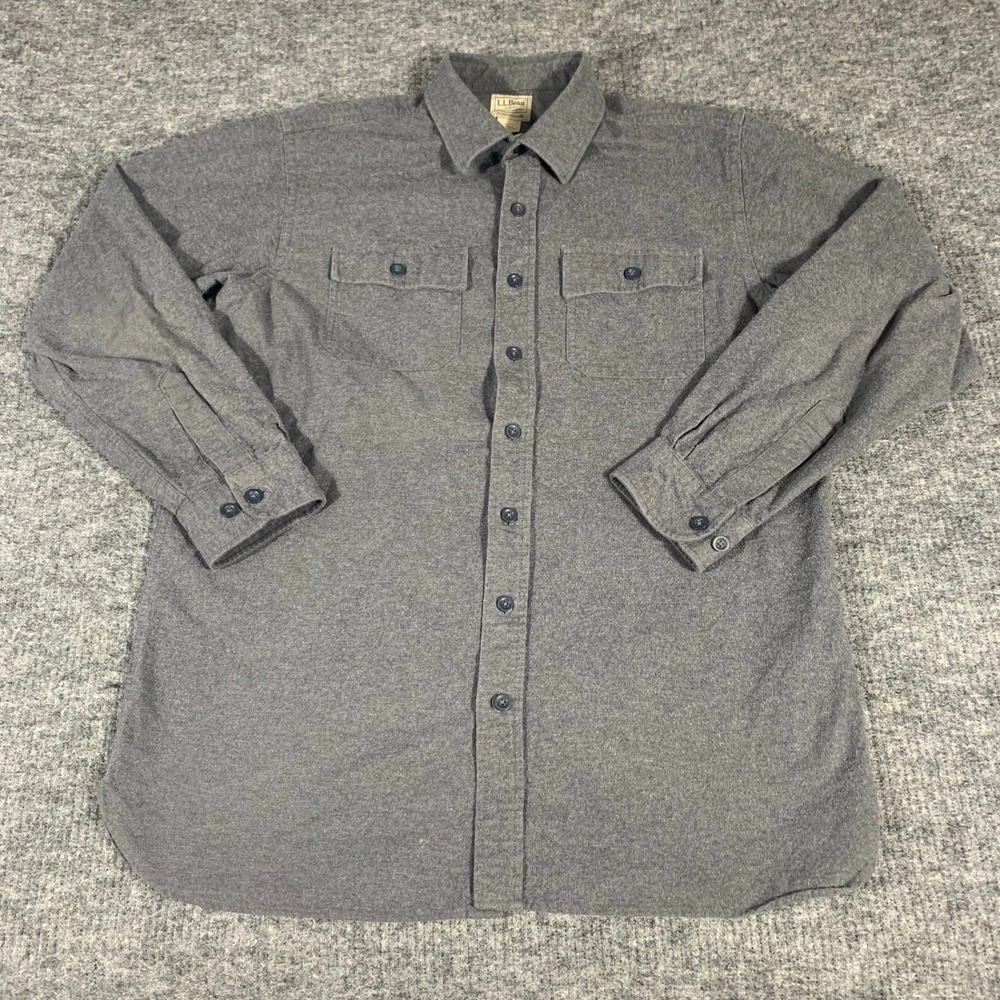 LL Bean Flannel Shirt Mens Large Tall Gray Traditional Fit Heavy Cotton Outdoor